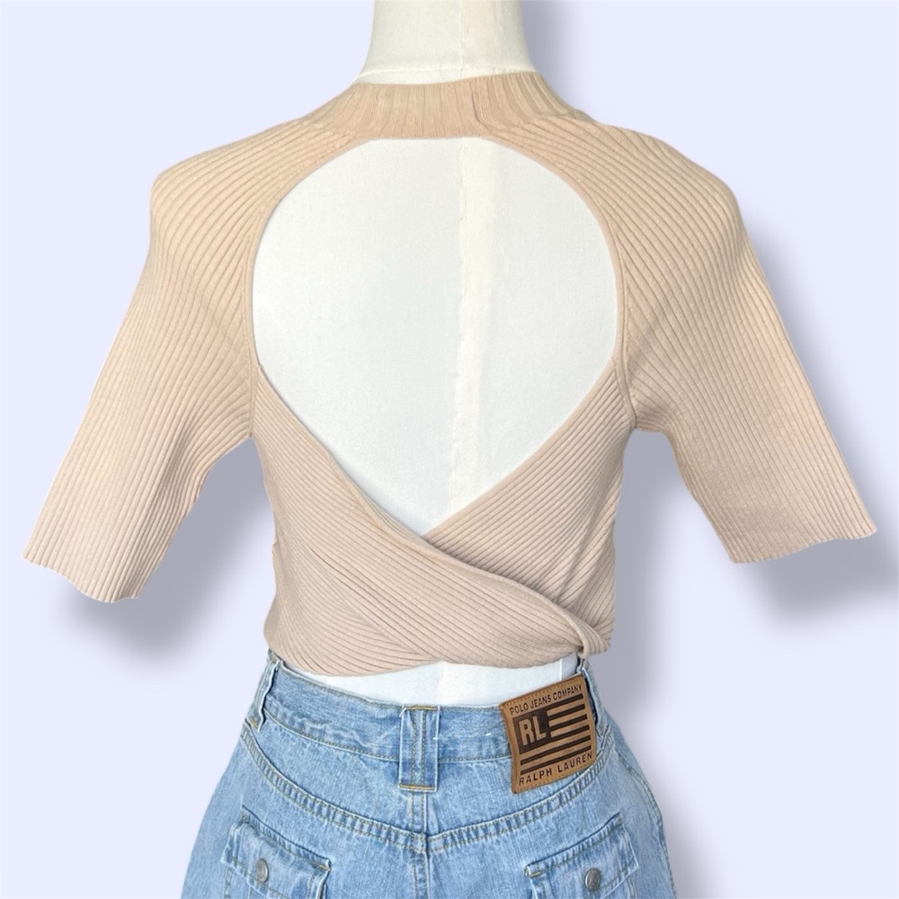 NAADAM Twist Back Ribbed Sweater Neutral Beige Cropped
